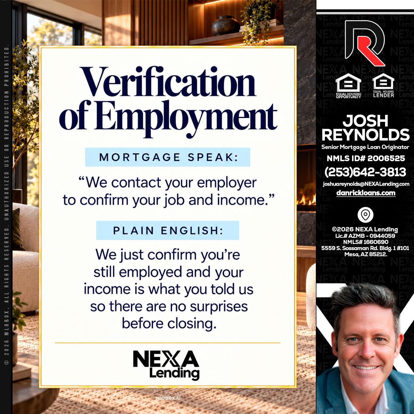 VERIFICATION OF EMPLOYMENT - Josh Reynolds -Senior Mortgage Loan Originator